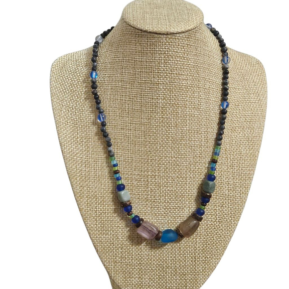 Colorful Blue Stone Wood Beaded Necklace - Picture 1 of 4
